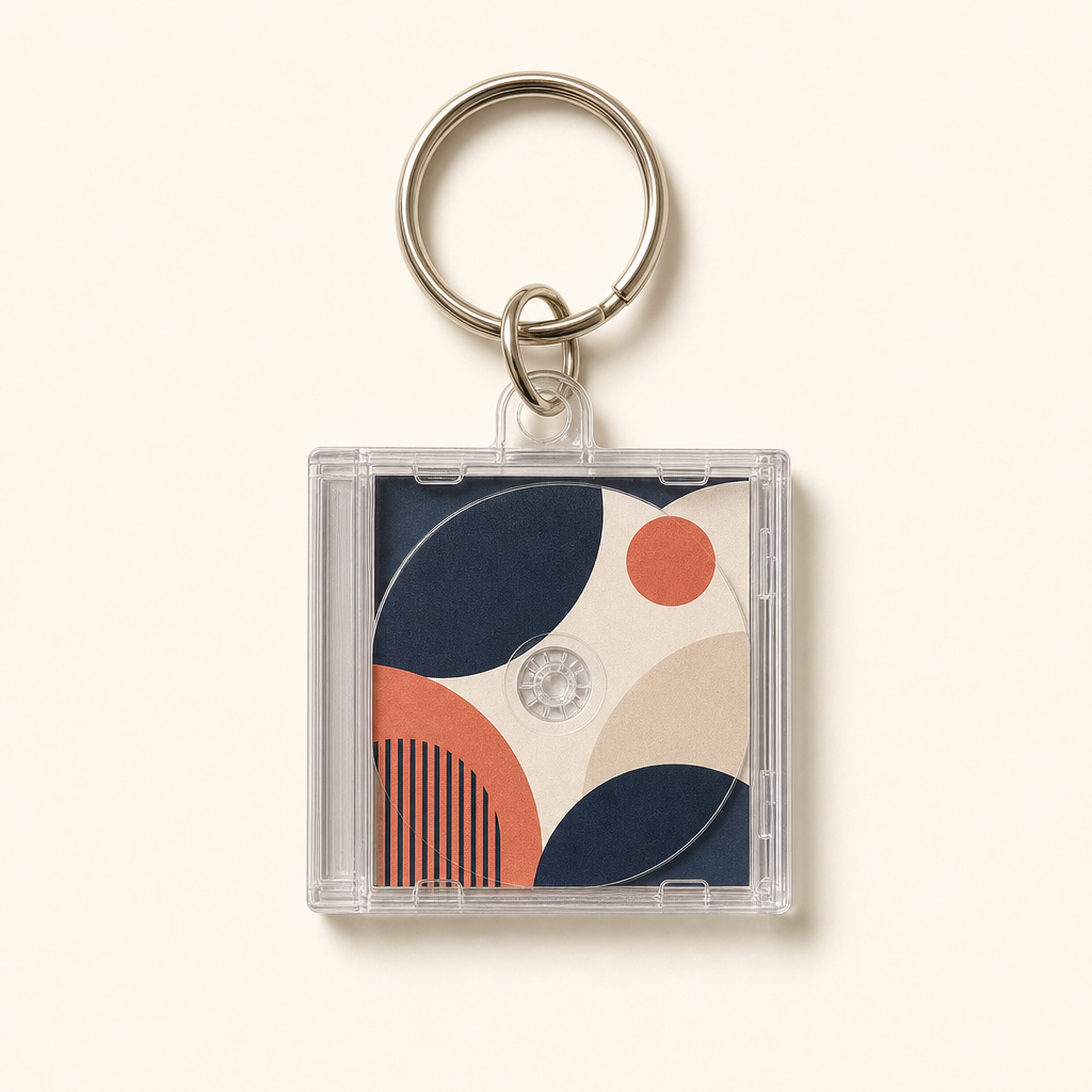 Clear acrylic mini CD keyring with a colourful printed disc insert